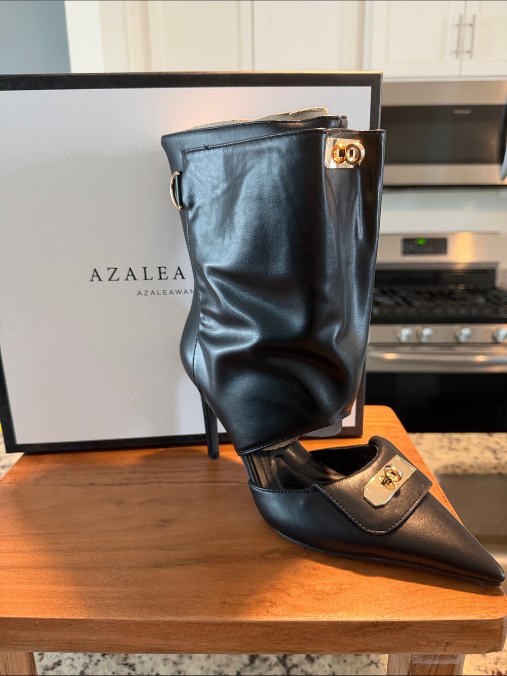 Azalea Wang Black Pointed Toe Gold-Accent Ankle Bootie
